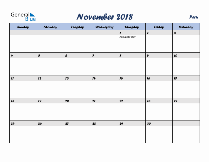 November 2018 Calendar with Holidays in Peru