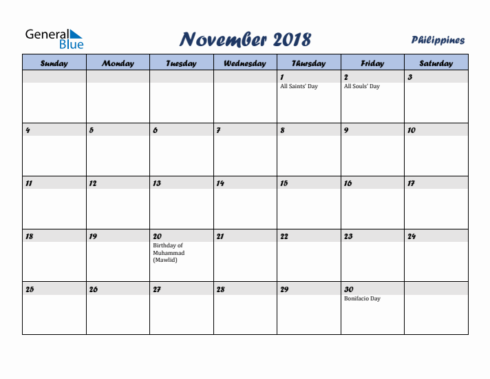 November 2018 Calendar with Holidays in Philippines