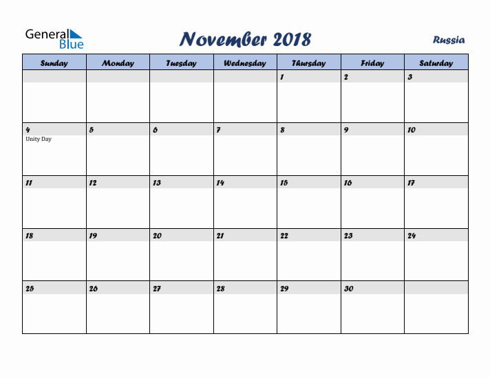 November 2018 Calendar with Holidays in Russia