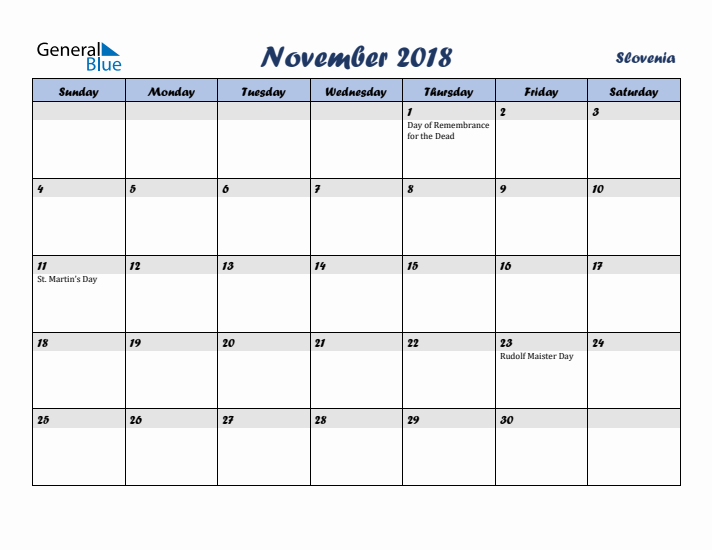 November 2018 Calendar with Holidays in Slovenia