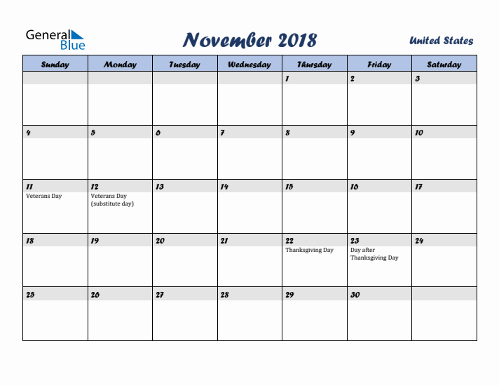 November 2018 Calendar with Holidays in United States