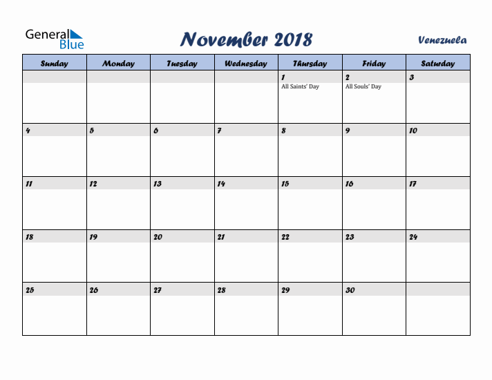 November 2018 Calendar with Holidays in Venezuela