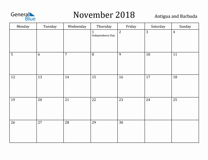 November 2018 Calendar Antigua and Barbuda