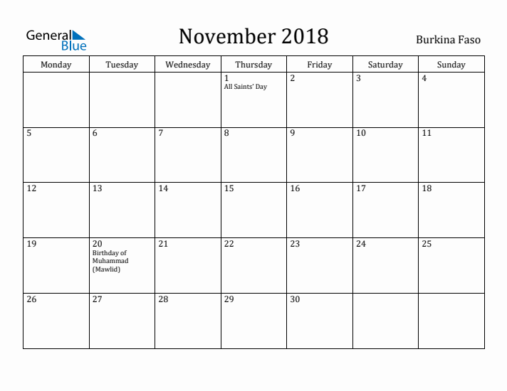 November 2018 Calendar Burkina Faso