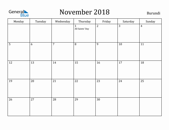 November 2018 Calendar Burundi