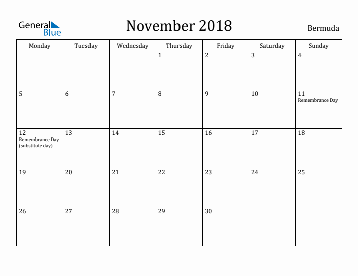 November 2018 Calendar Bermuda