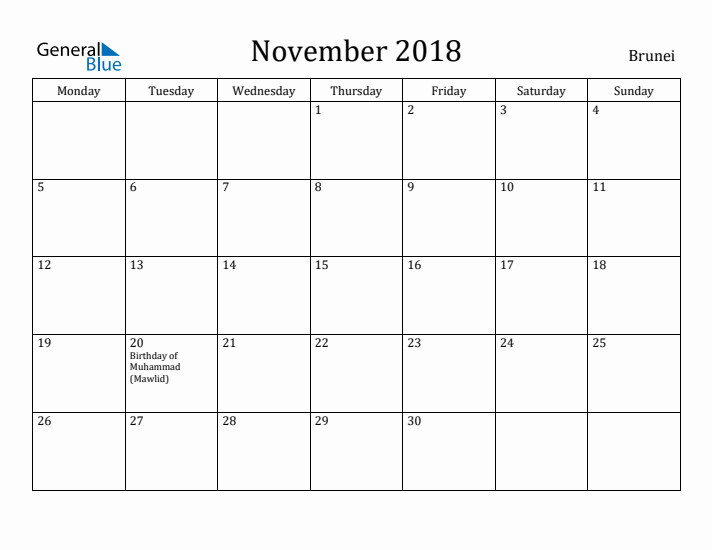 November 2018 Calendar Brunei