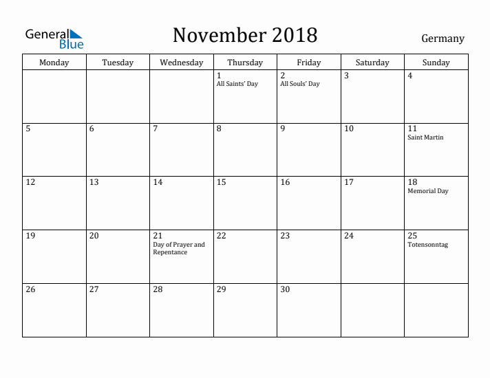 November 2018 Calendar Germany