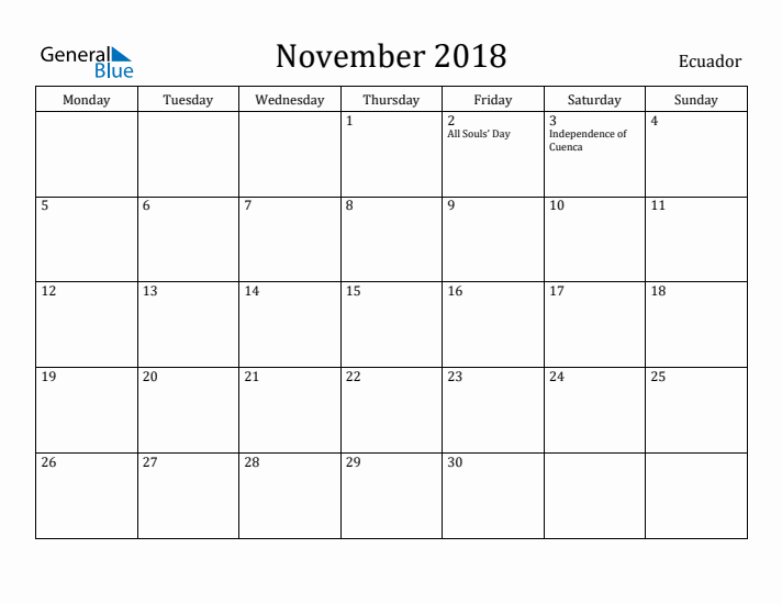 November 2018 Calendar Ecuador