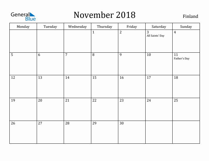 November 2018 Calendar Finland