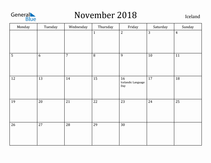 November 2018 Calendar Iceland