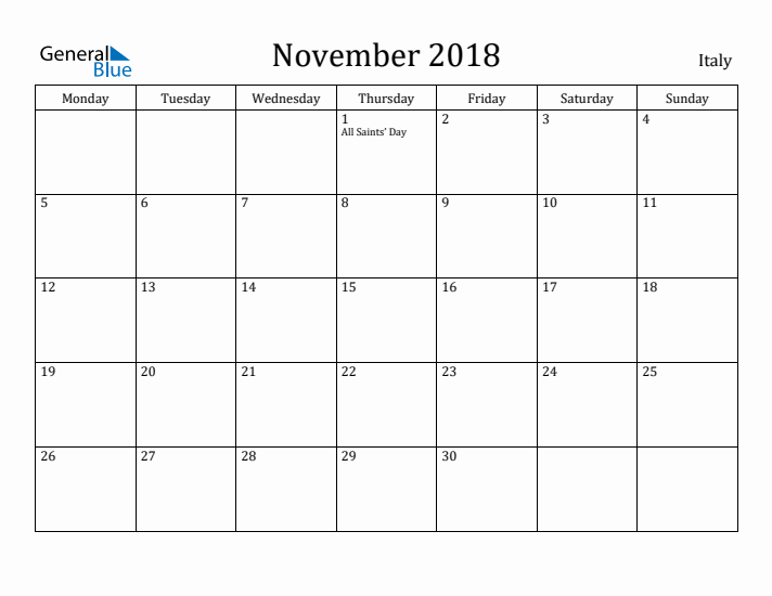 November 2018 Calendar Italy