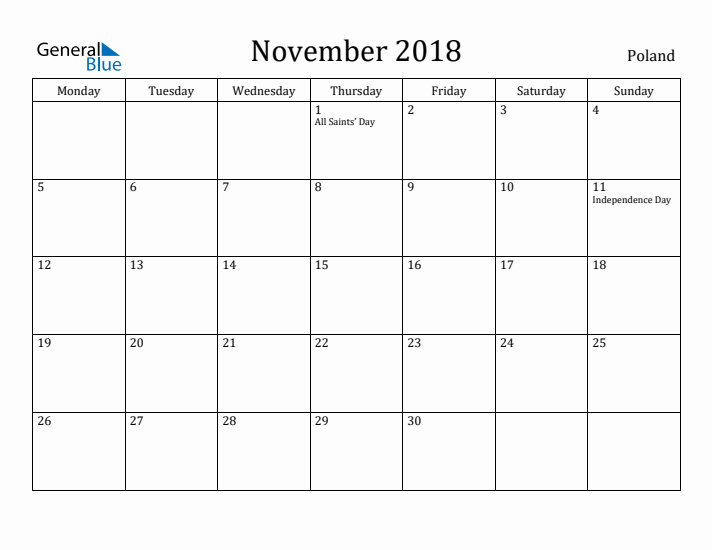 November 2018 Calendar Poland