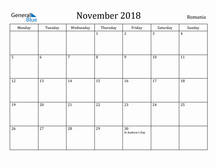 November 2018 Calendar Romania