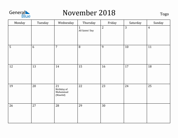 November 2018 Calendar Togo