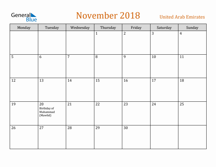 November 2018 Holiday Calendar with Monday Start