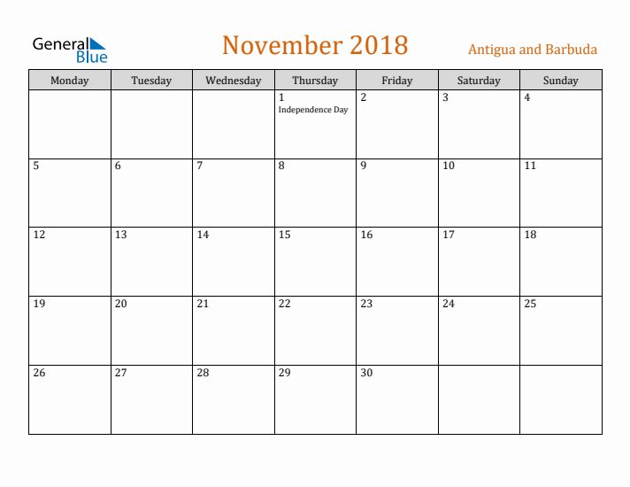 November 2018 Holiday Calendar with Monday Start