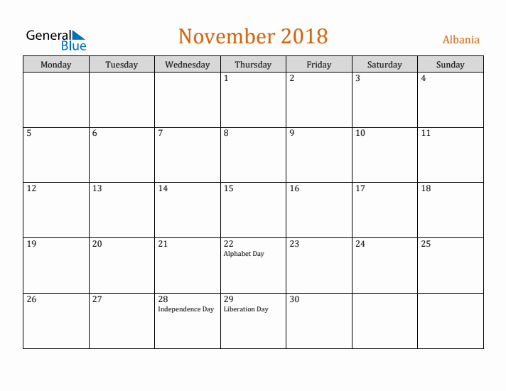 November 2018 Holiday Calendar with Monday Start