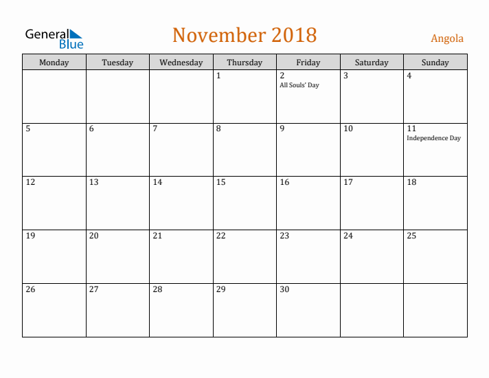 November 2018 Holiday Calendar with Monday Start