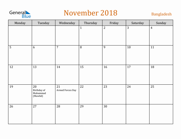 November 2018 Holiday Calendar with Monday Start