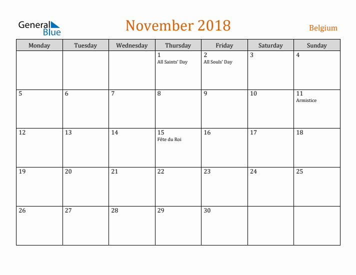 November 2018 Holiday Calendar with Monday Start