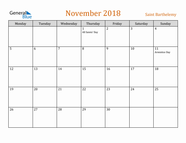 November 2018 Holiday Calendar with Monday Start