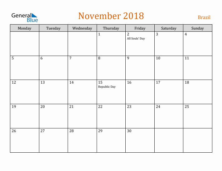 November 2018 Holiday Calendar with Monday Start