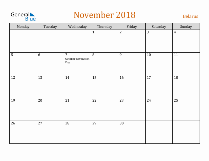 November 2018 Holiday Calendar with Monday Start