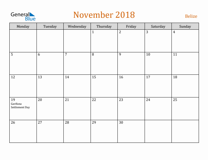 November 2018 Holiday Calendar with Monday Start