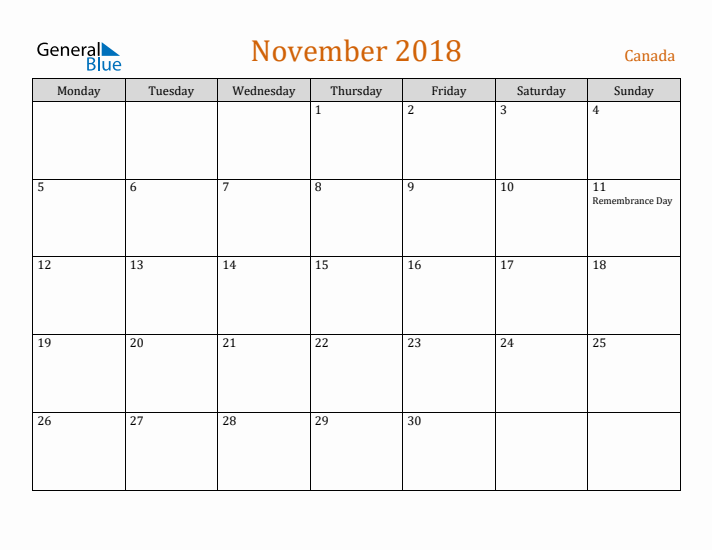 November 2018 Holiday Calendar with Monday Start