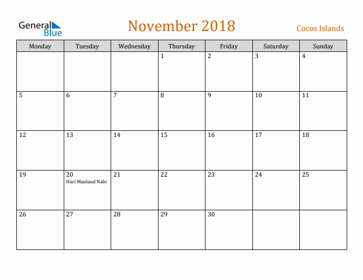 November 2018 Holiday Calendar with Monday Start