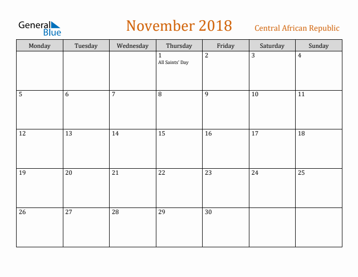 November 2018 Holiday Calendar with Monday Start