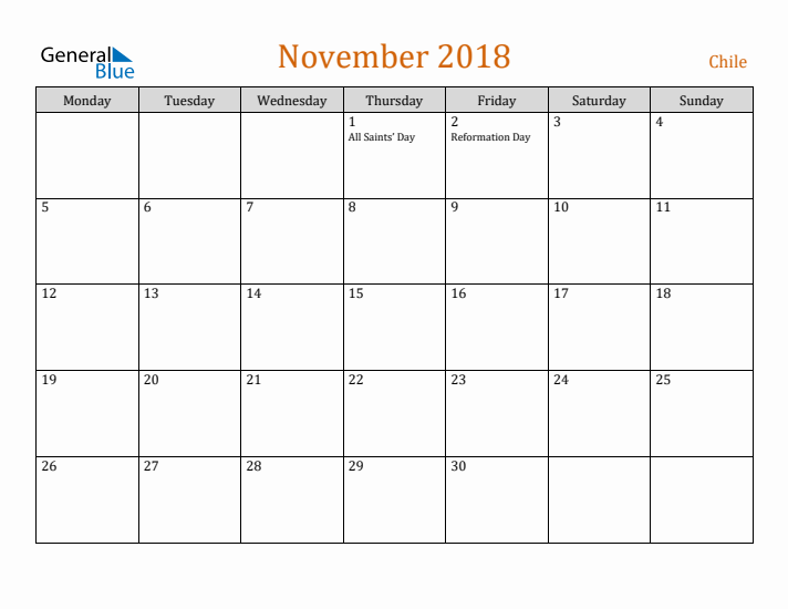 November 2018 Holiday Calendar with Monday Start