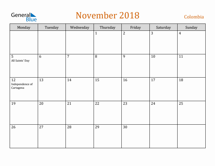 November 2018 Holiday Calendar with Monday Start