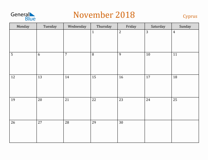 November 2018 Holiday Calendar with Monday Start