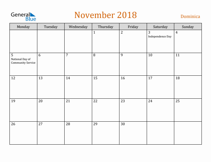 November 2018 Holiday Calendar with Monday Start