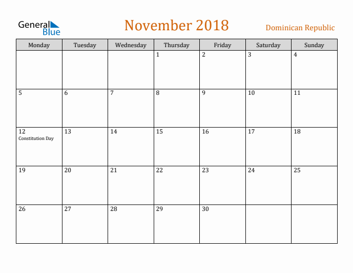 November 2018 Holiday Calendar with Monday Start