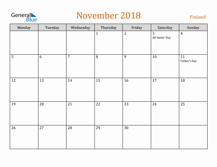 November 2018 Holiday Calendar with Monday Start