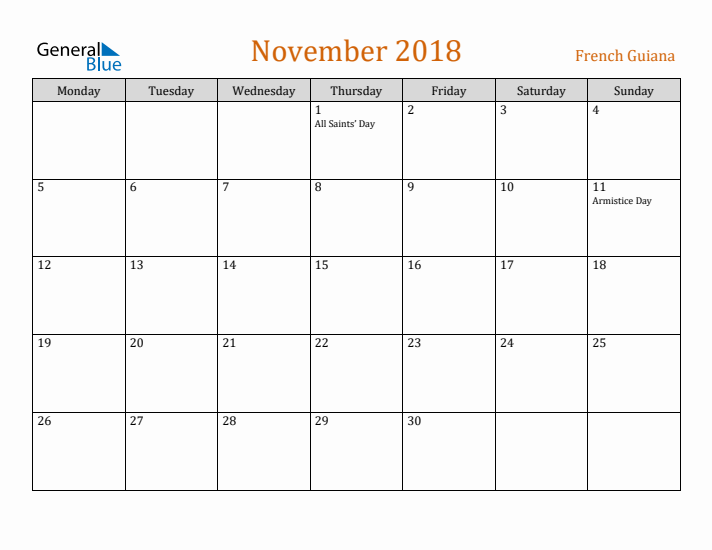 November 2018 Holiday Calendar with Monday Start