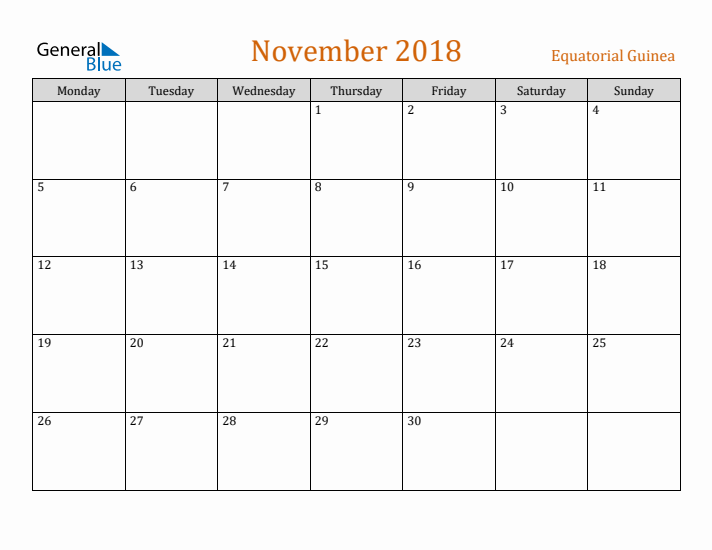 November 2018 Holiday Calendar with Monday Start