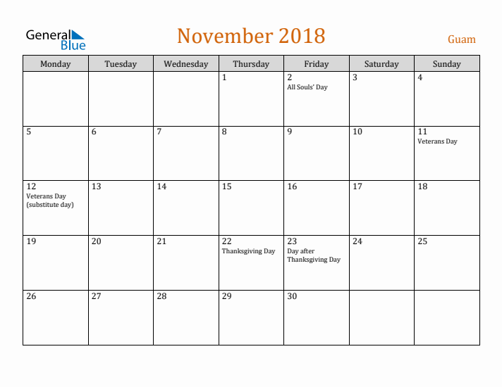 November 2018 Holiday Calendar with Monday Start