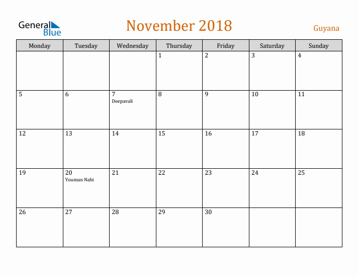 November 2018 Holiday Calendar with Monday Start