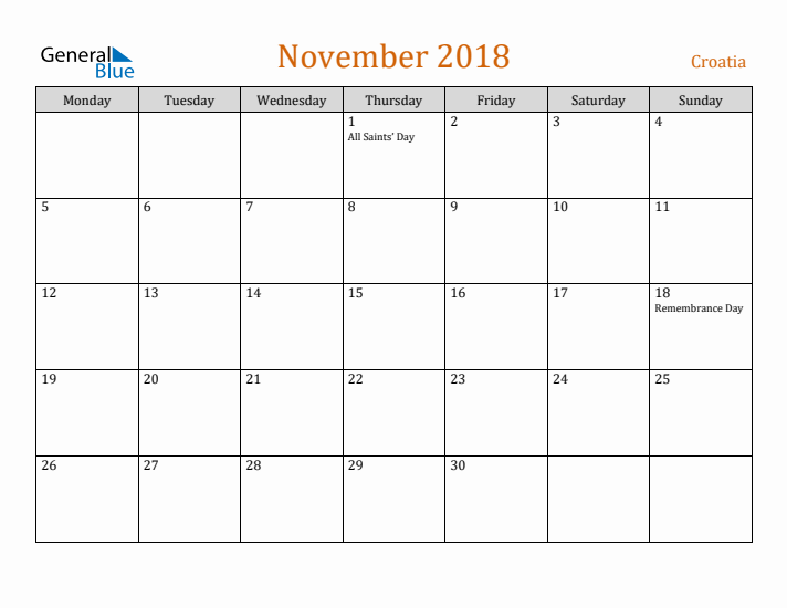 November 2018 Holiday Calendar with Monday Start