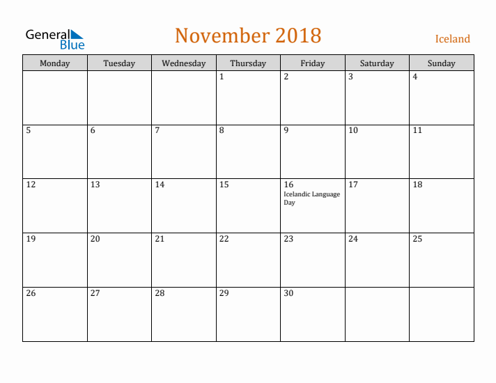 November 2018 Holiday Calendar with Monday Start