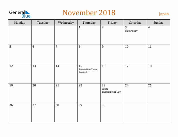 November 2018 Holiday Calendar with Monday Start