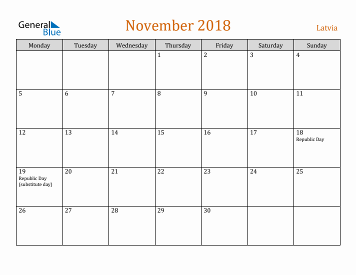 November 2018 Holiday Calendar with Monday Start