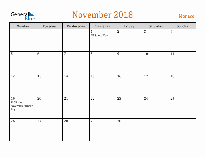 November 2018 Holiday Calendar with Monday Start