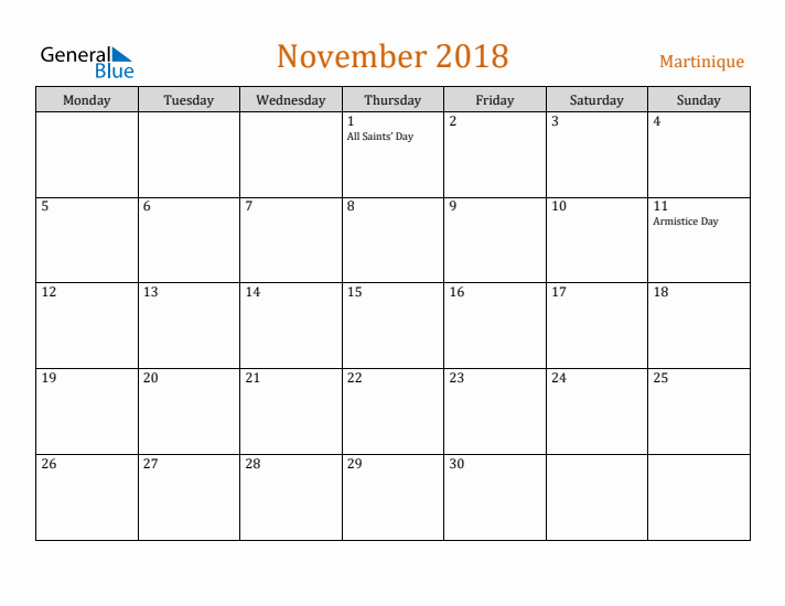 November 2018 Holiday Calendar with Monday Start