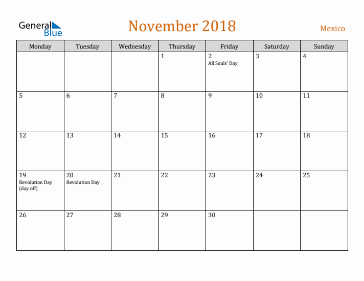 November 2018 Holiday Calendar with Monday Start