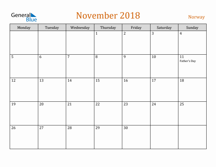 November 2018 Holiday Calendar with Monday Start